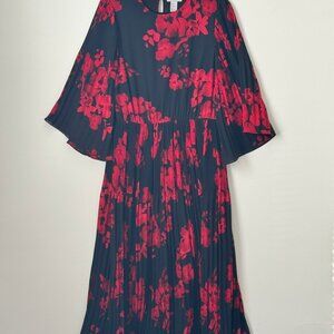 H&M Red and Black Floral Pleated Midi Dress